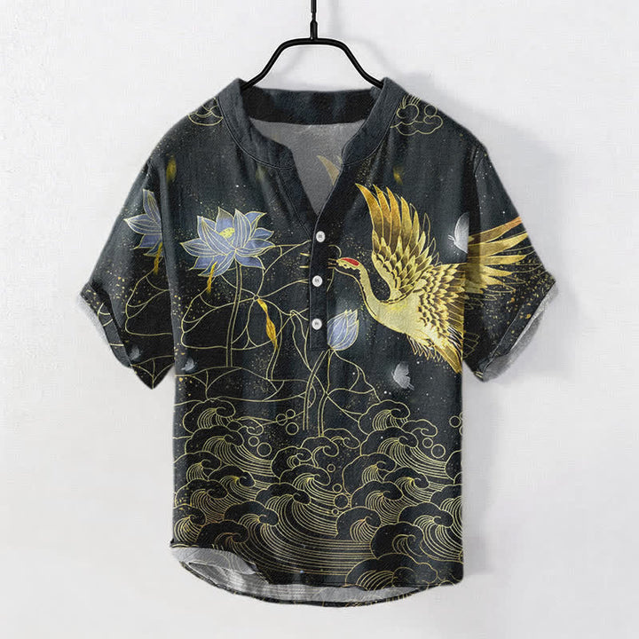 Buddha Stones Cotton Crane Wave Lotus Cloud Pattern Men's Short Sleeve Half Button Shirt - Black - US/UK/AU50，EU60 (5XL) - image 0