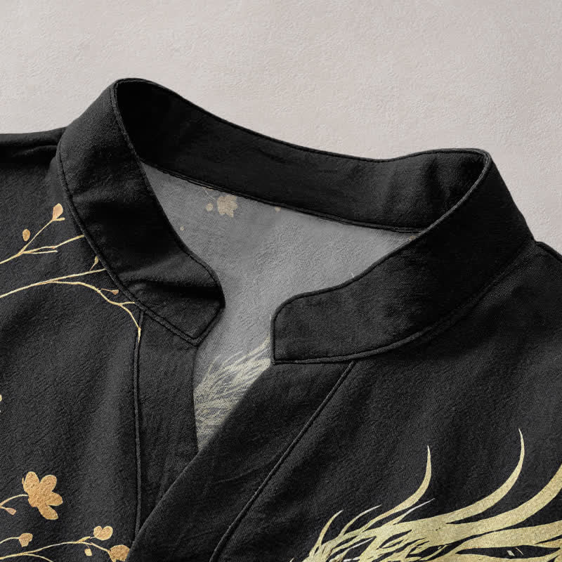 Buddha Stones Cotton Wave Dragon Flower Pattern Men's Short Sleeve Half Button Shirt - image 2