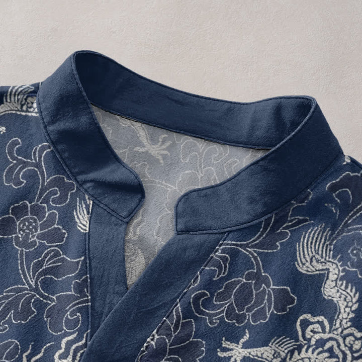 Buddha Stones Cotton Dragon Lotus Pattern Men's Short Sleeve Half Button Shirt - image 2