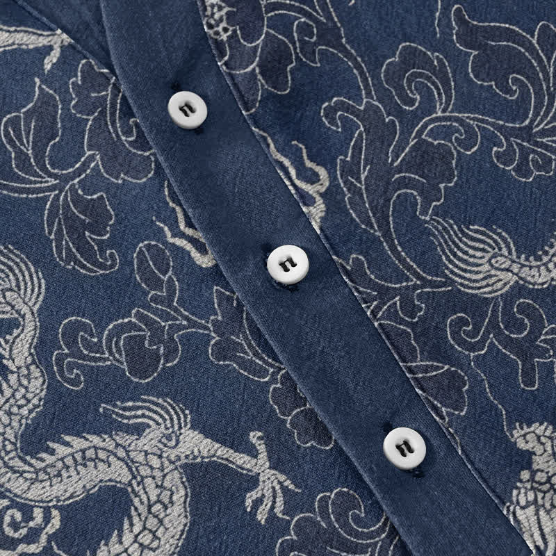 Buddha Stones Cotton Dragon Lotus Pattern Men's Short Sleeve Half Button Shirt - image 3