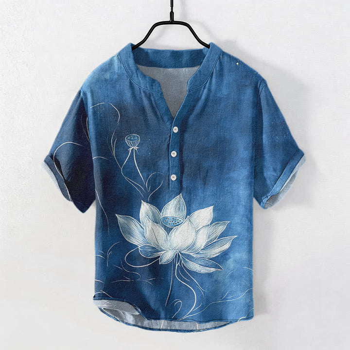Buddha Stones Cotton Lotus Pattern Men's Short Sleeve Half Button Shirt - SteelBlue - US/UK/AU50，EU60 (5XL) - image 7