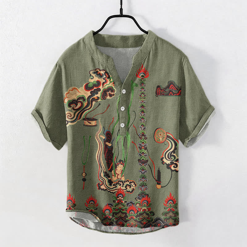 Buddha Stones Cotton Mural Cloud Pattern Men's Short Sleeve Half Button Shirt - image 0