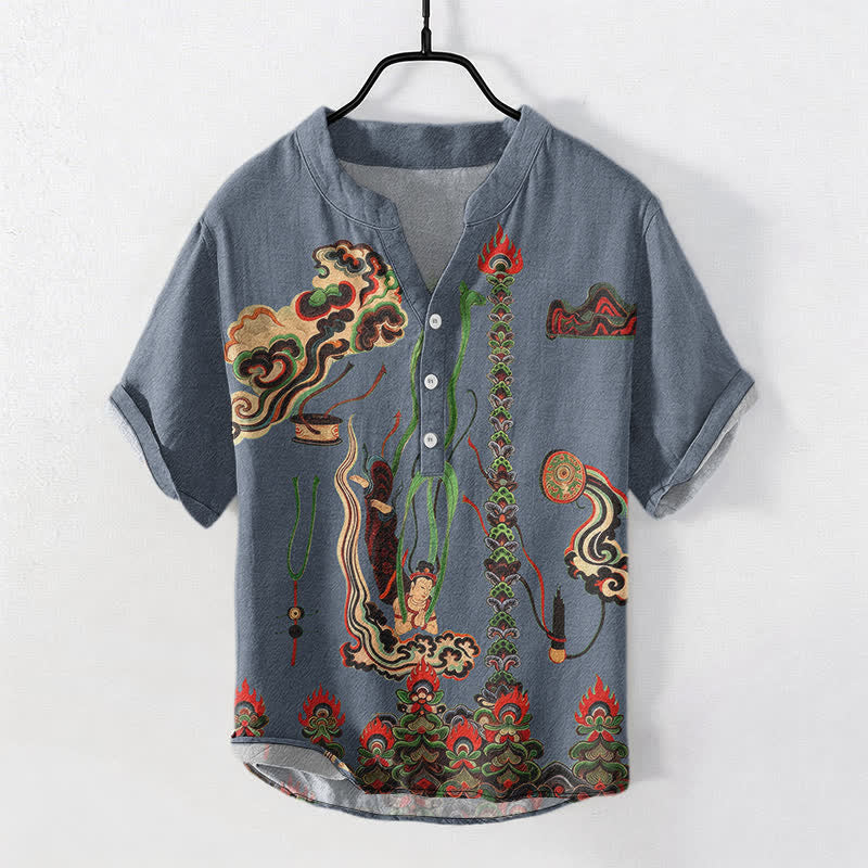 Buddha Stones Cotton Mural Cloud Pattern Men's Short Sleeve Half Button Shirt - image 5