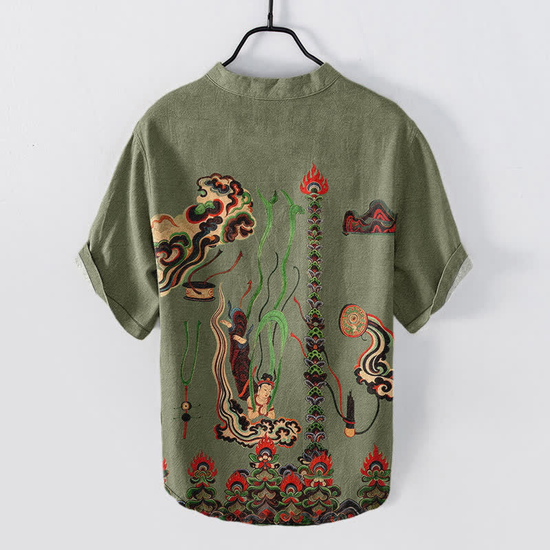 Buddha Stones Cotton Mural Cloud Pattern Men's Short Sleeve Half Button Shirt - image 1