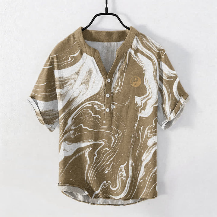 Buddha Stones Cotton Tai Chi Pattern Men's Short Sleeve Half Button Shirt - BurlyWood - US/UK/AU50，EU60 (5XL) - image 5