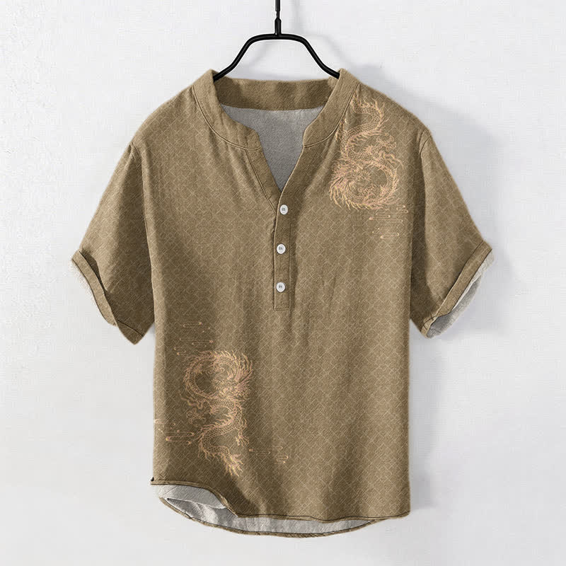 Buddha Stones Cotton Dragon Men's Short Sleeve Half Button Shirt - image 5