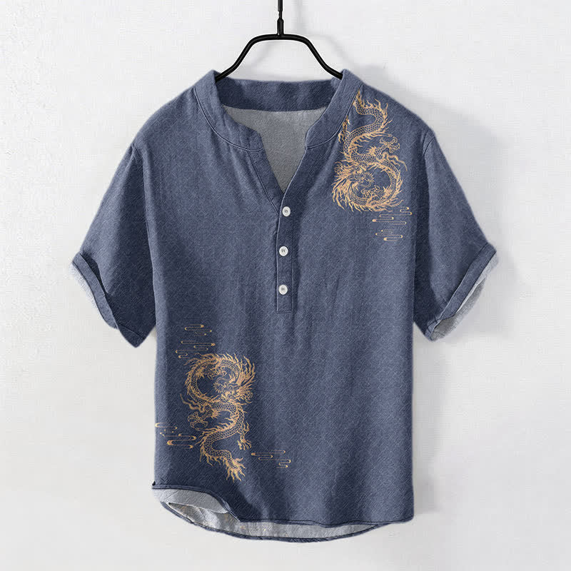 Buddha Stones Cotton Dragon Men's Short Sleeve Half Button Shirt - image 7