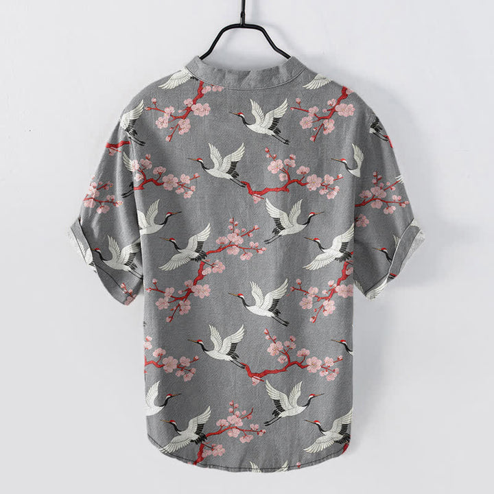 Buddha Stones Crane Plum Blossom Men's Henley Short Sleeve Shirt - image 1