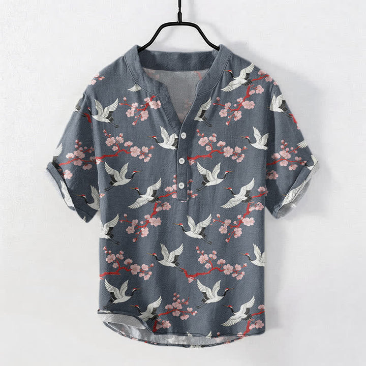 Buddha Stones Crane Plum Blossom Men's Henley Short Sleeve Shirt - SlateGray - US/UK/AU50，EU60 (5XL) - image 7