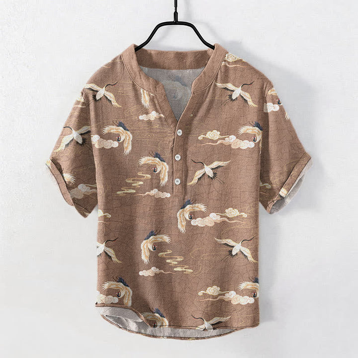 Buddha Stones Flying Birds Cloud Men's Short Sleeve Half Button Shirt - BurlyWood - US/UK/AU50，EU60 (5XL) - image 0