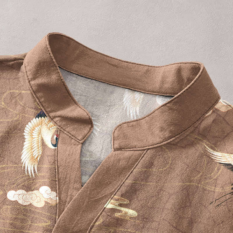 Buddha Stones Flying Birds Cloud Men's Short Sleeve Half Button Shirt - image 2