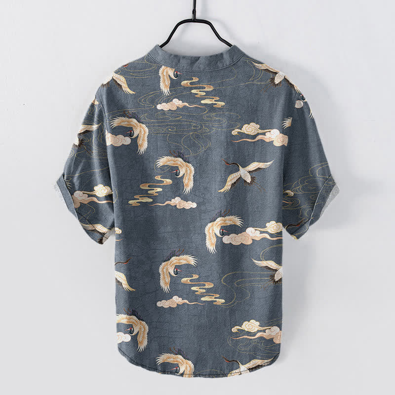 Buddha Stones Flying Birds Cloud Men's Short Sleeve Half Button Shirt - image 6