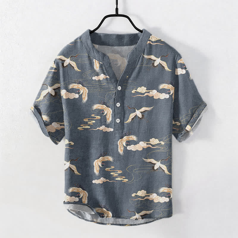 Buddha Stones Flying Birds Cloud Men's Short Sleeve Half Button Shirt - image 5