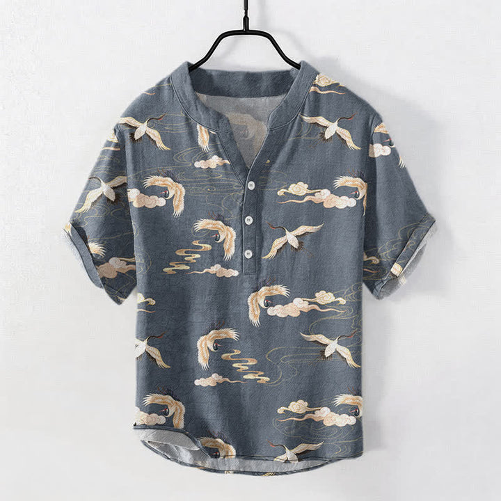 Buddha Stones Flying Birds Cloud Men's Short Sleeve Half Button Shirt - image 5