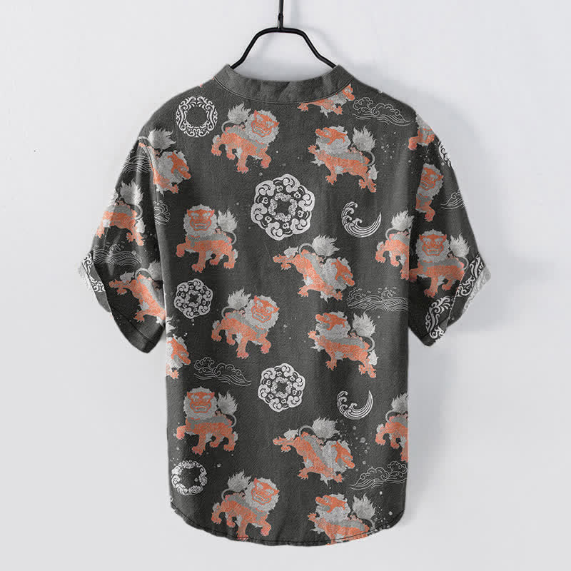 Buddha Stones Cotton Lion Waves Cloud Men's Short Sleeve Shirt Lightweight Resort Boxy Fit - image 1