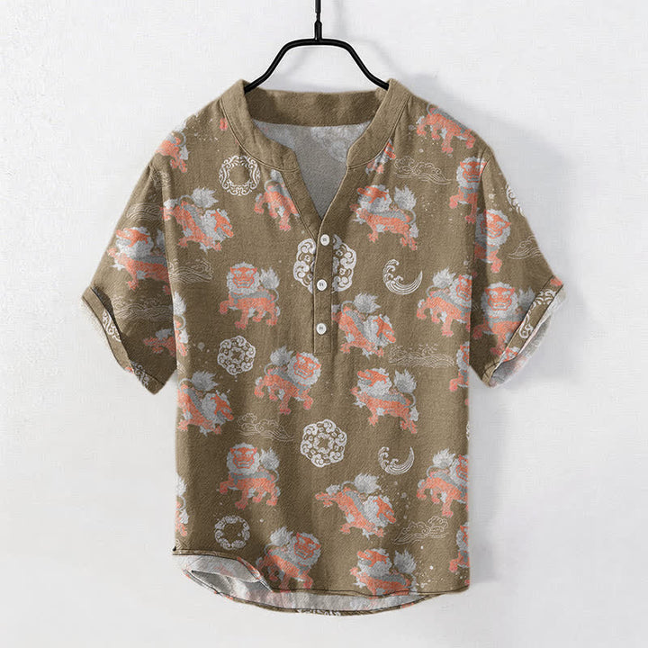 Buddha Stones Cotton Lion Waves Cloud Men's Short Sleeve Shirt Lightweight Resort Boxy Fit - Tan - US/UK/AU50，EU60 (5XL) - image 5