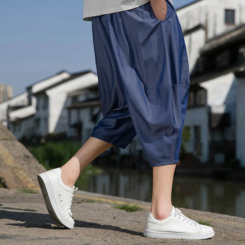 Buddha Stones Summer Elastic Waist Drawstring Solid Color Half Men's Tapered Pants With Pockets  - image 6