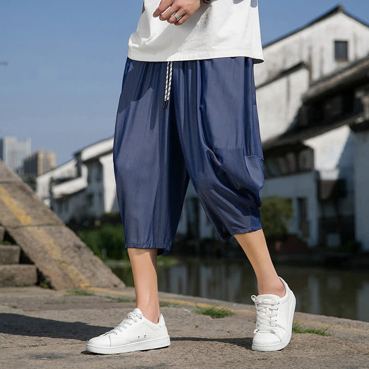 Buddha Stones Summer Elastic Waist Drawstring Solid Color Half Men's Tapered Pants With Pockets  - SlateBlue - US/UK/AU46，EU56 (5XL) - image 0