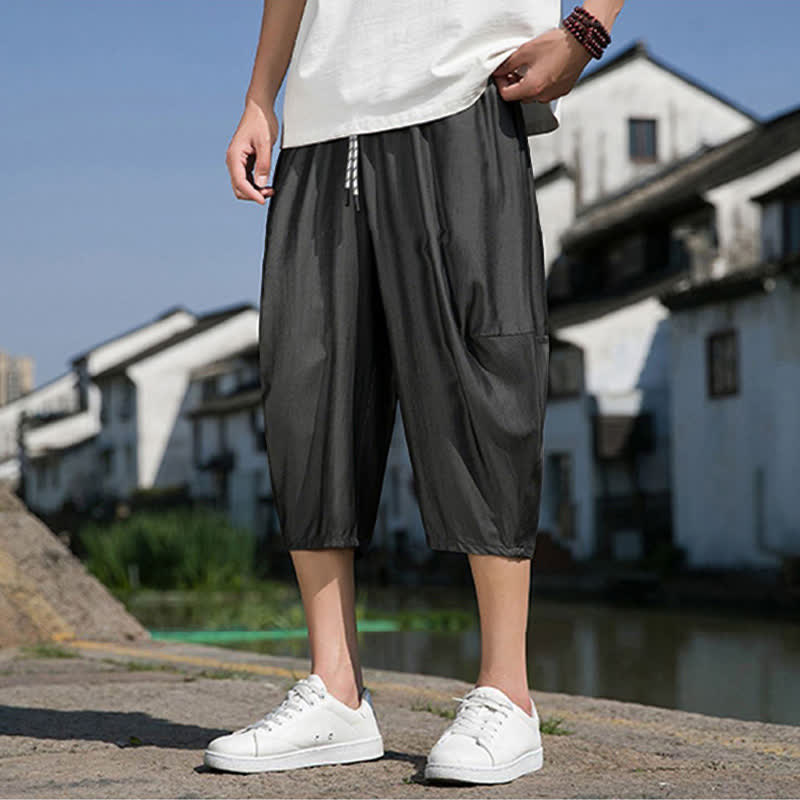 Buddha Stones Summer Elastic Waist Drawstring Solid Color Half Men's Tapered Pants With Pockets  - image 14
