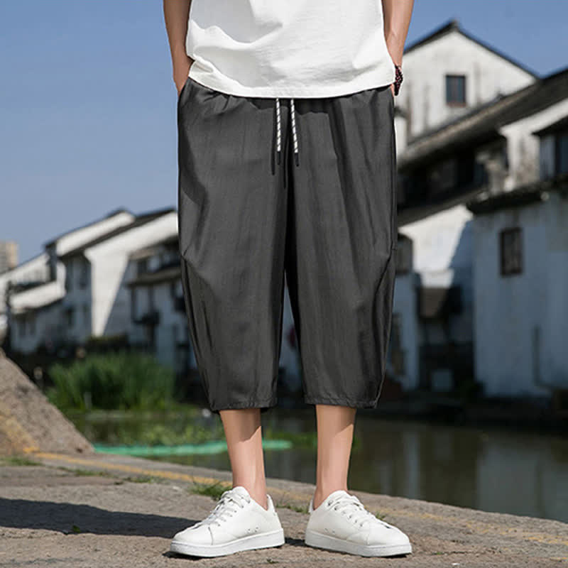 Buddha Stones Summer Elastic Waist Drawstring Solid Color Half Men's Tapered Pants With Pockets  - image 11