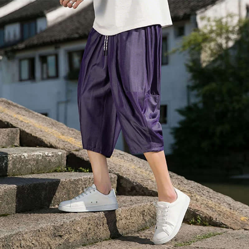 Buddha Stones Summer Elastic Waist Drawstring Solid Color Half Men's Tapered Pants With Pockets  - image 34