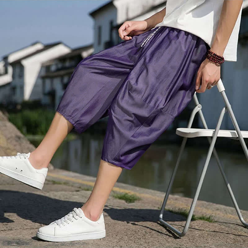 Buddha Stones Summer Elastic Waist Drawstring Solid Color Half Men's Tapered Pants With Pockets  - image 31