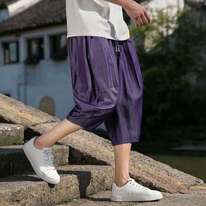 Buddha Stones Summer Elastic Waist Drawstring Solid Color Half Men's Tapered Pants With Pockets  - image 36