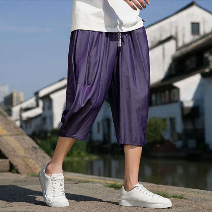 Buddha Stones Summer Elastic Waist Drawstring Solid Color Half Men's Tapered Pants With Pockets  - image 30