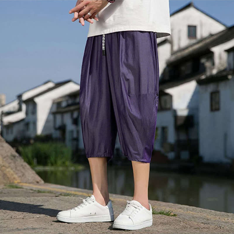 Buddha Stones Summer Elastic Waist Drawstring Solid Color Half Men's Tapered Pants With Pockets  - image 33