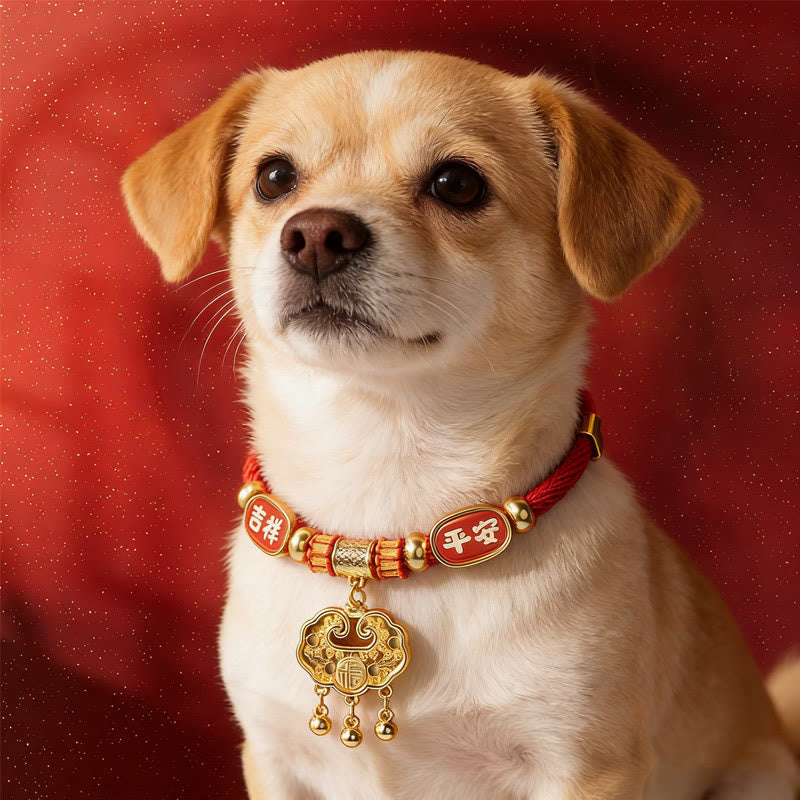 Buddha Stones Red String Bead Fu Character Luck Adjustable Cats Dogs Pet Collar - Peaceful Golden Lock - 25-50cm - image 0