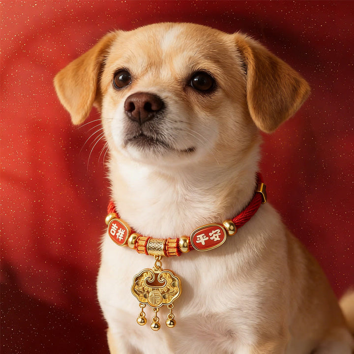 Buddha Stones Red String Bead Fu Character Luck Adjustable Cats Dogs Pet Collar - Peaceful Golden Lock - 25-50cm - image 0