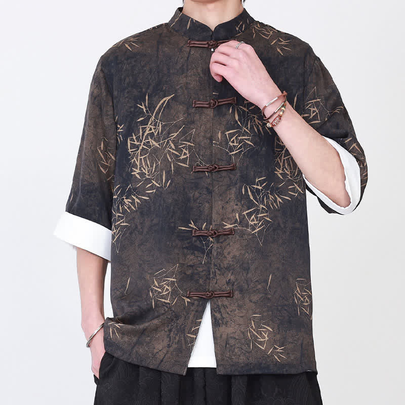 Buddha Stones Summer Bamboo Print Mandarin Collar Frog Buttons Men's Elbow-Length Sleeve Shirt - image 2