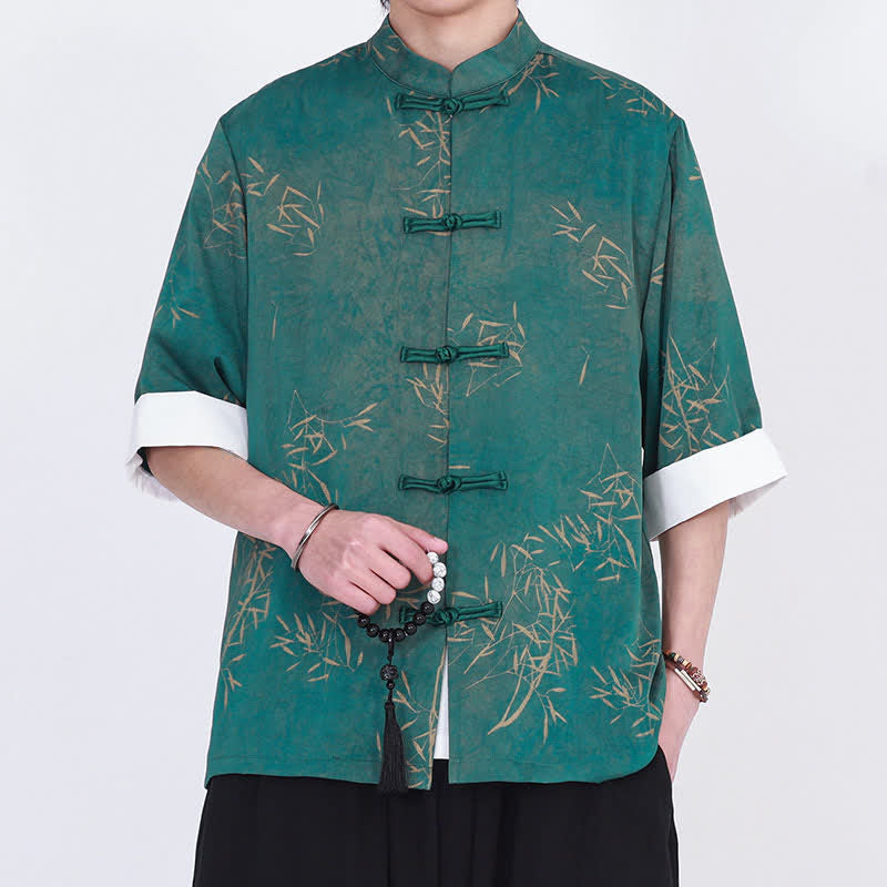 Buddha Stones Summer Bamboo Print Mandarin Collar Frog Buttons Men's Elbow-Length Sleeve Shirt - image 10