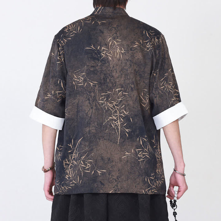 Buddha Stones Summer Bamboo Print Mandarin Collar Frog Buttons Men's Elbow-Length Sleeve Shirt - image 4