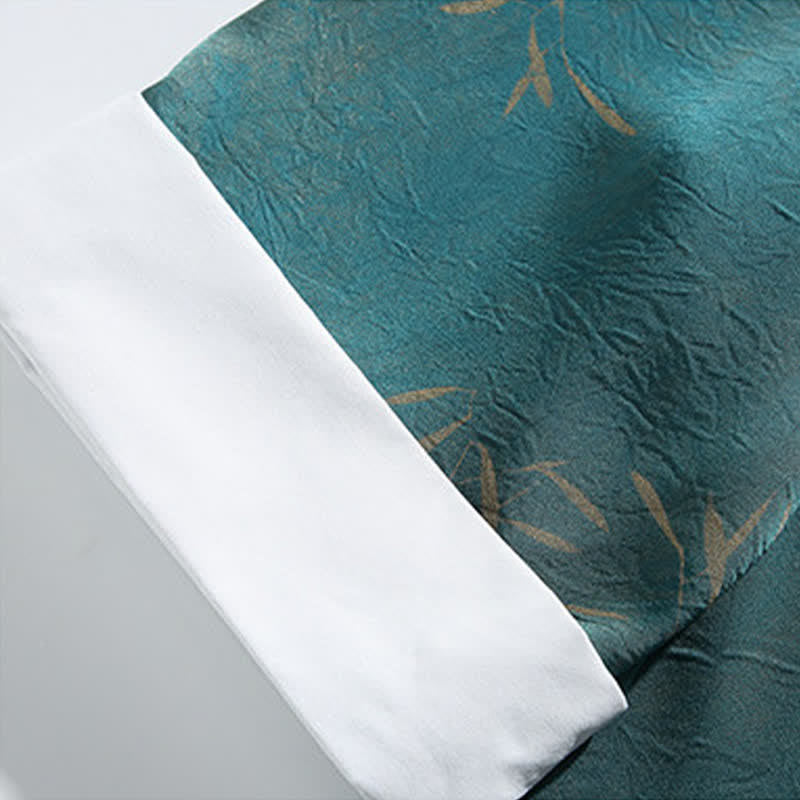 Buddha Stones Summer Bamboo Print Mandarin Collar Frog Buttons Men's Elbow-Length Sleeve Shirt - image 14