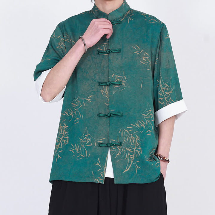 Buddha Stones Summer Bamboo Print Mandarin Collar Frog Buttons Men's Elbow-Length Sleeve Shirt - image 9