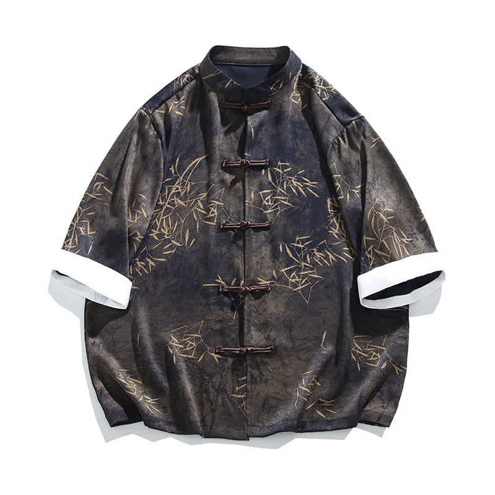 Buddha Stones Summer Bamboo Print Mandarin Collar Frog Buttons Men's Elbow-Length Sleeve Shirt - image 6