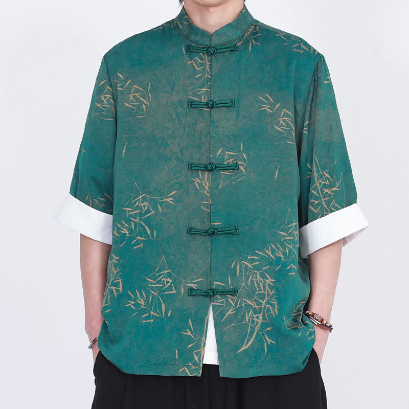 Buddha Stones Summer Bamboo Print Mandarin Collar Frog Buttons Men's Elbow-Length Sleeve Shirt - image 8