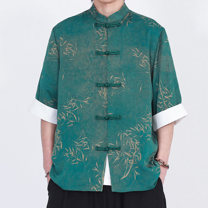 Buddha Stones Summer Bamboo Print Mandarin Collar Frog Buttons Men's Elbow-Length Sleeve Shirt - image 8