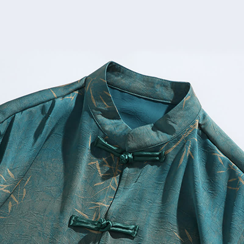 Buddha Stones Summer Bamboo Print Mandarin Collar Frog Buttons Men's Elbow-Length Sleeve Shirt - image 12