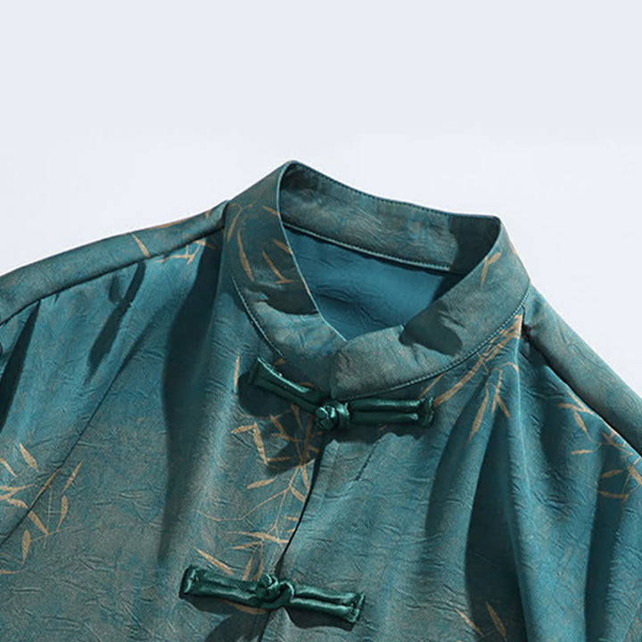 Buddha Stones Summer Bamboo Print Mandarin Collar Frog Buttons Men's Elbow-Length Sleeve Shirt - image 12