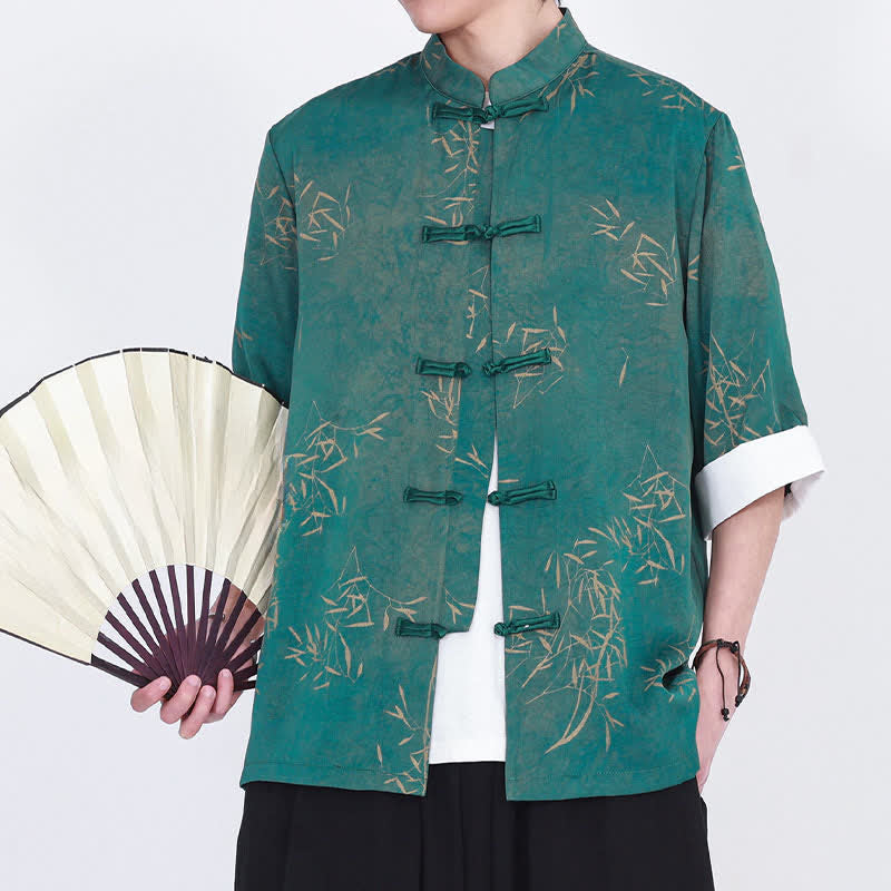Buddha Stones Summer Bamboo Print Mandarin Collar Frog Buttons Men's Elbow-Length Sleeve Shirt - CadetBlue - US/UK/AU46，EU56 (5XL) - image 7