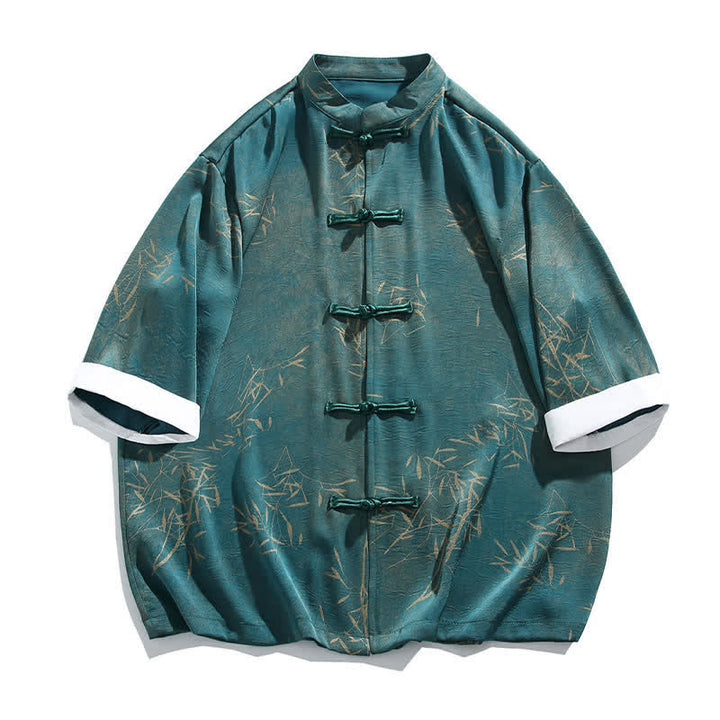 Buddha Stones Summer Bamboo Print Mandarin Collar Frog Buttons Men's Elbow-Length Sleeve Shirt - image 11