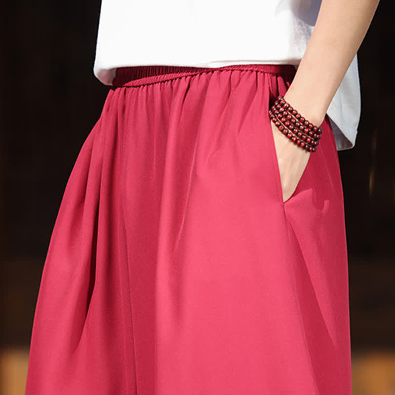 Buddha Stones Summer Cotton Embroidered Hem Elastic Waist Men's Cropped Wide Leg Pants With Pockets - image 13