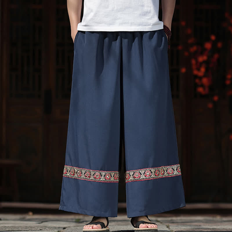 Buddha Stones Summer Cotton Embroidered Hem Elastic Waist Men's Cropped Wide Leg Pants With Pockets - image 1
