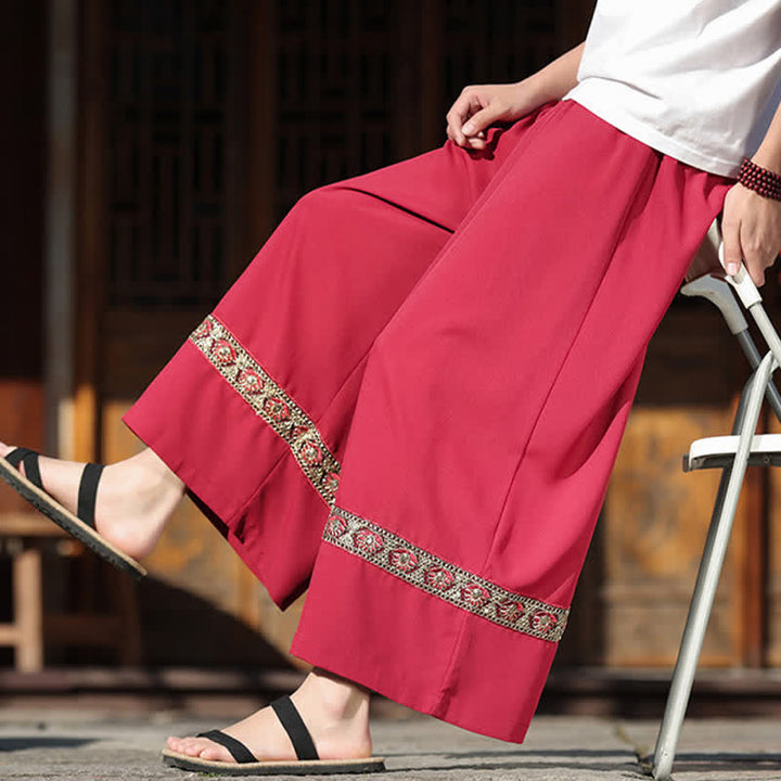 Buddha Stones Summer Cotton Embroidered Hem Elastic Waist Men's Cropped Wide Leg Pants With Pockets - image 10