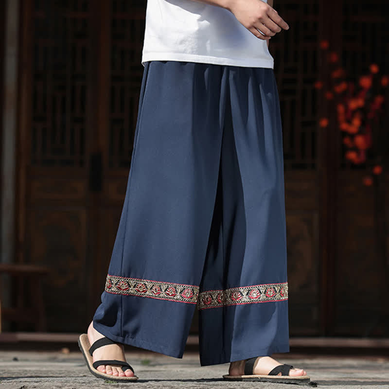 Buddha Stones Summer Cotton Embroidered Hem Elastic Waist Men's Cropped Wide Leg Pants With Pockets - image 5