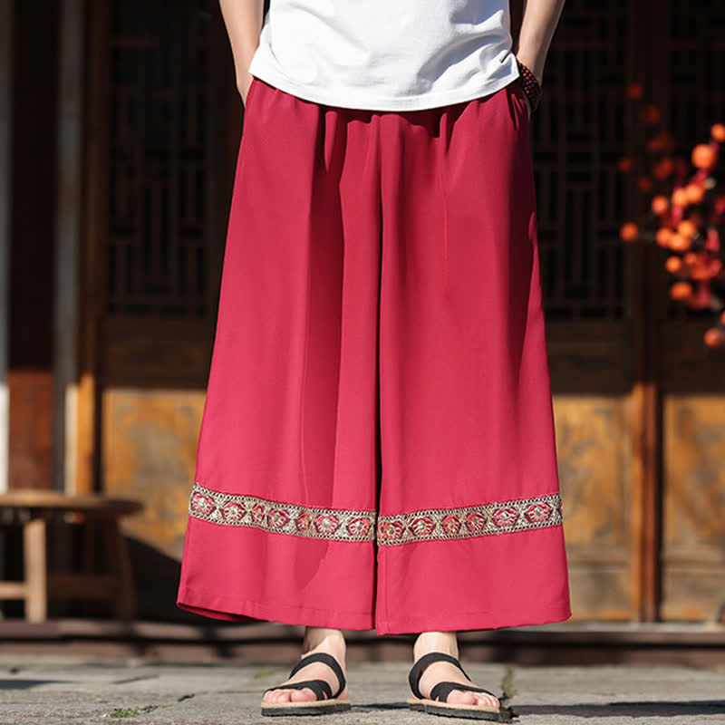 Buddha Stones Summer Cotton Embroidered Hem Elastic Waist Men's Cropped Wide Leg Pants With Pockets - image 8