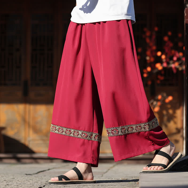 Buddha Stones Summer Cotton Embroidered Hem Elastic Waist Men's Cropped Wide Leg Pants With Pockets - image 6