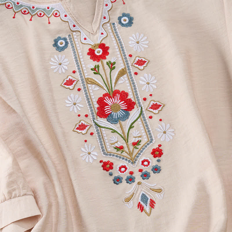 Buddha Stones Spring Boho Embroidered Cotton Linen Elbow-Length Sleeve Women's T-Shirts - image 16